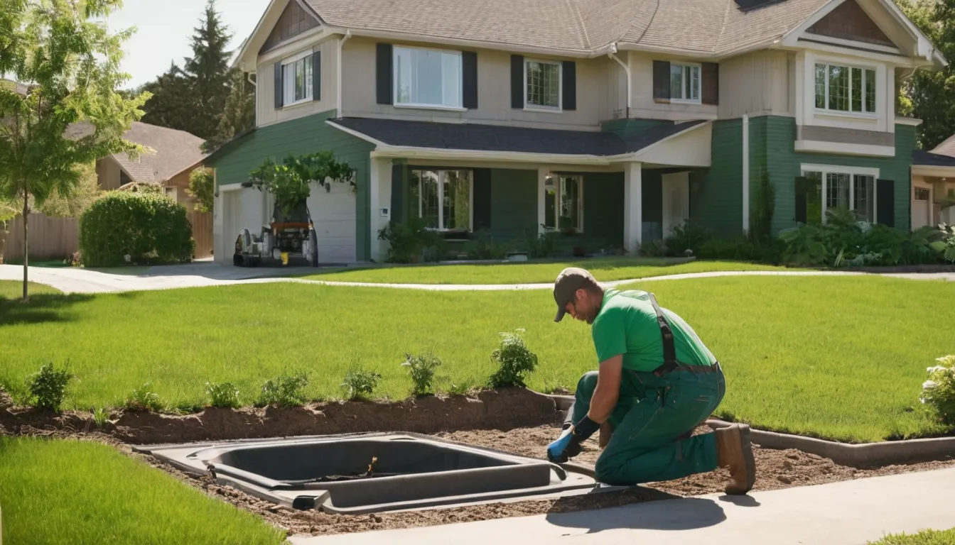 A septic service provider checking a tank lid in a Dayton backyard