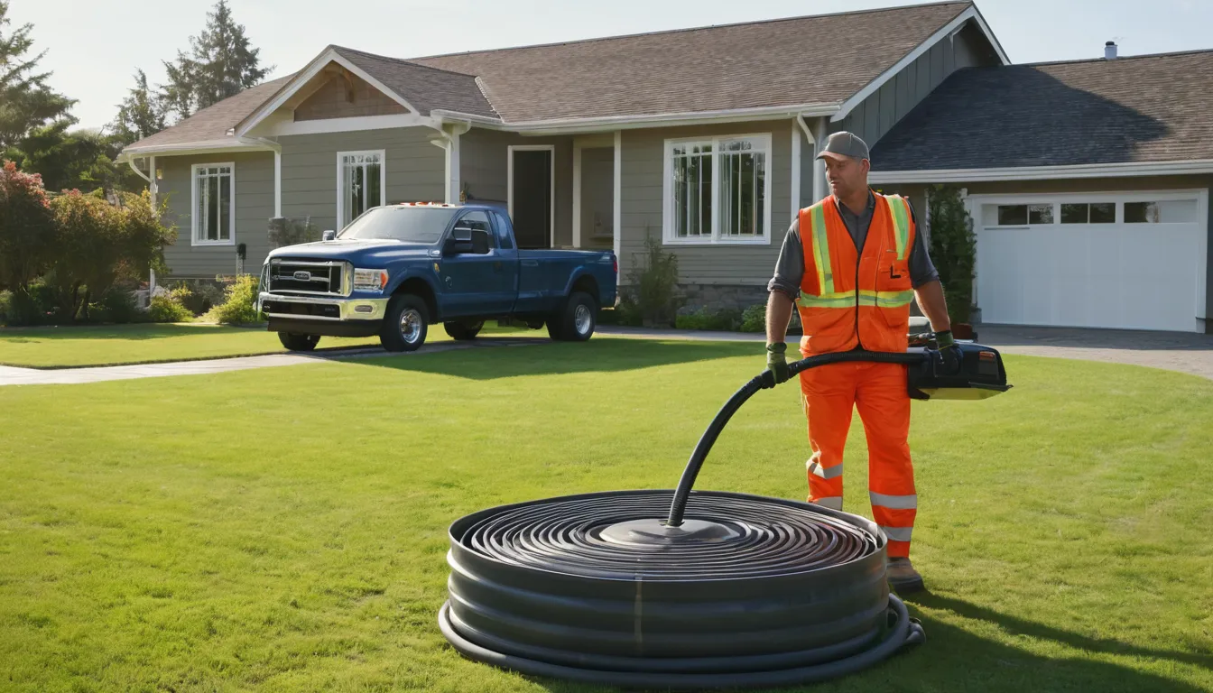Septic tank pumping truck parked beside a ranch home in the Dayton area while a provider checks the tank lid